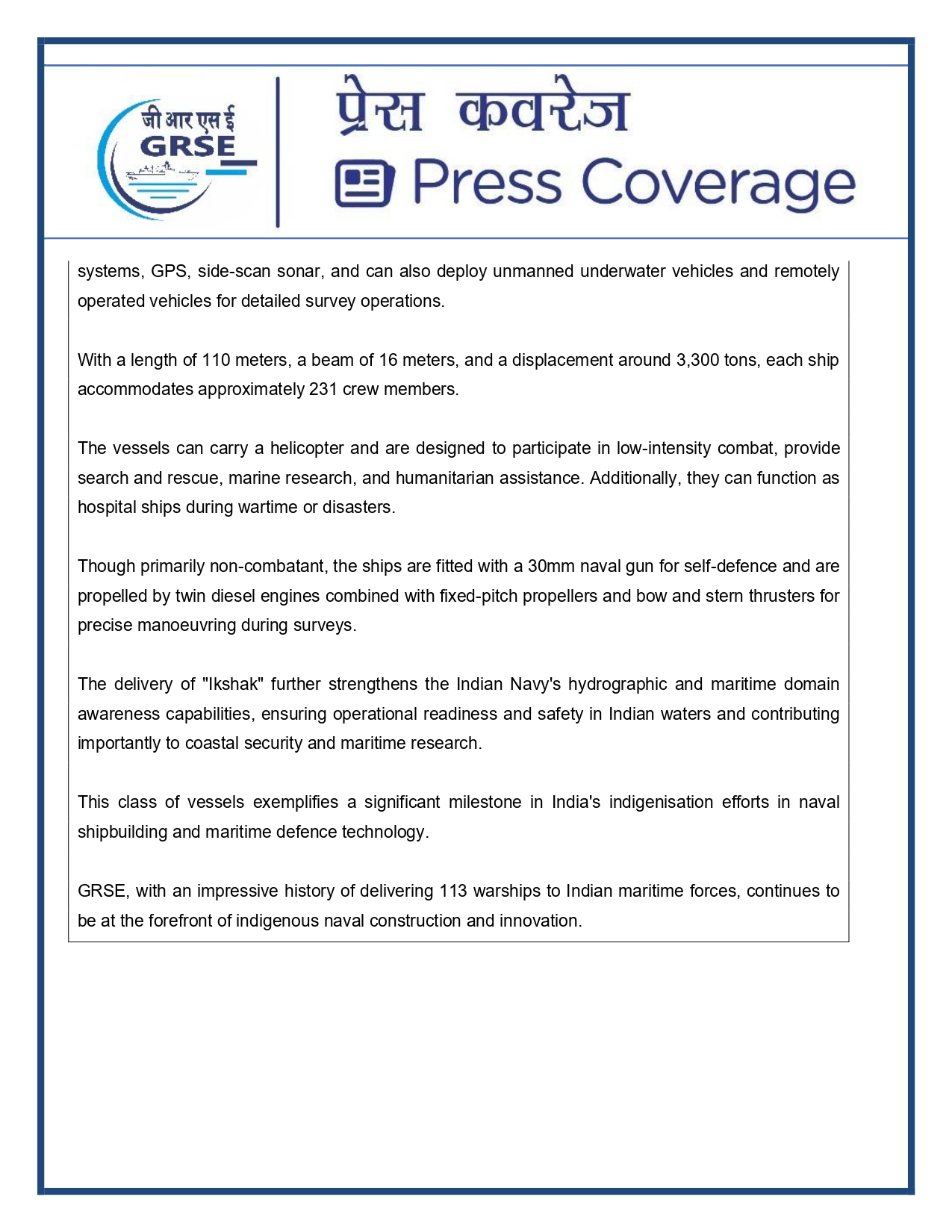 Press Coverage : 15 Aug 25:Navy takes delivery of Third Survey Vessel 'Ikshak' from GRSE